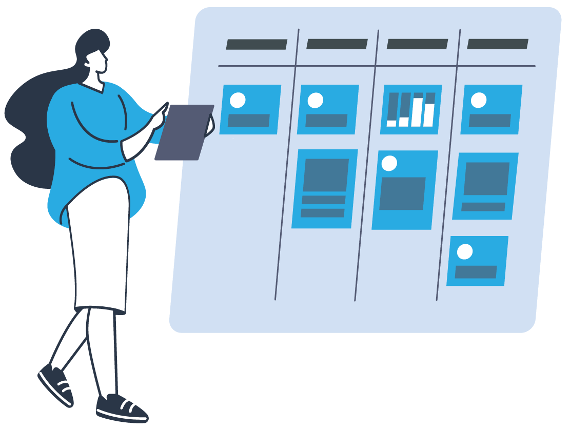 A person adds cards to a kanban board with several columns.